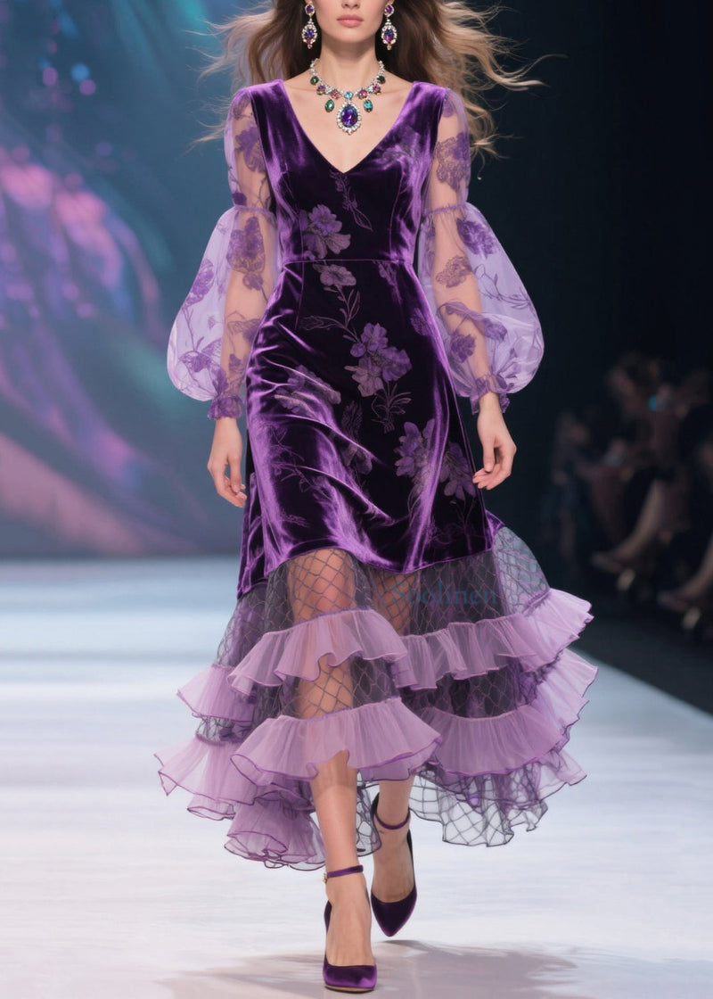 Italian Purple V Neck Print Tulle Ruffled Velvet Dress Spring