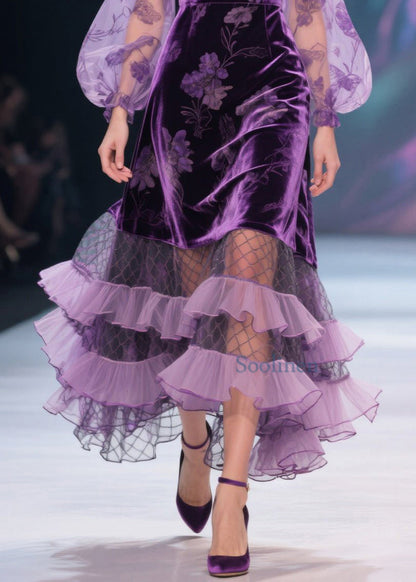 Italian Purple V Neck Print Tulle Ruffled Velvet Dress Spring
