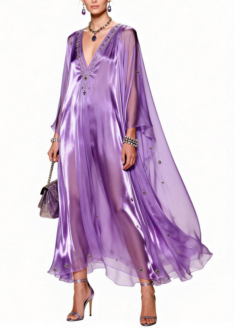 Italian Purple V Neck Zircon Patchwork Chiffon Dresses Summer