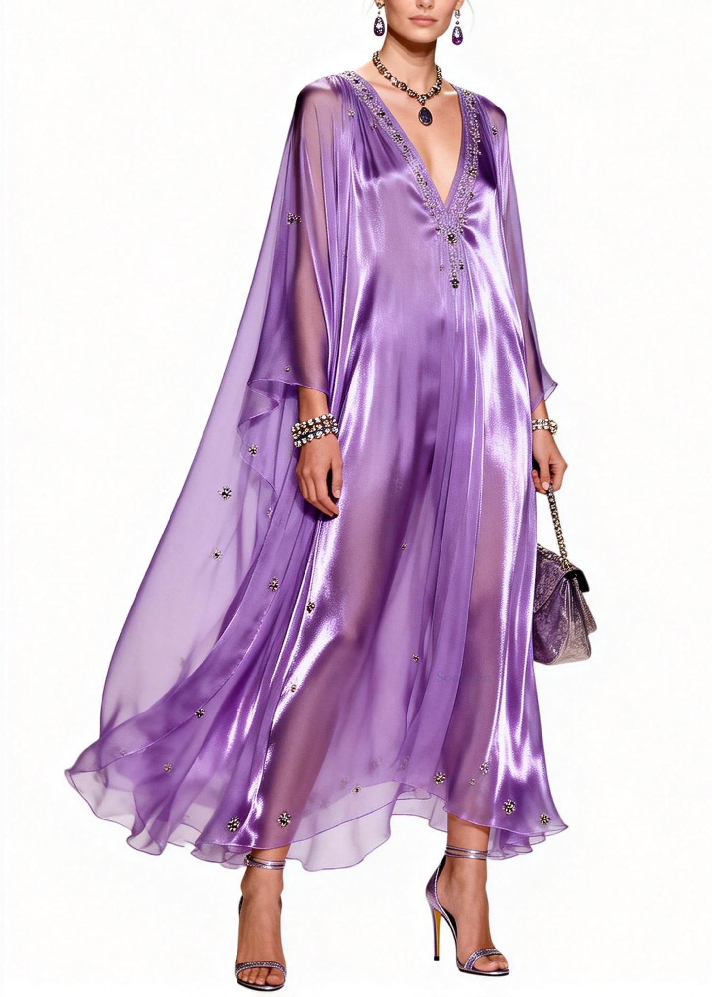 Italian Purple V Neck Zircon Patchwork Chiffon Dresses Summer