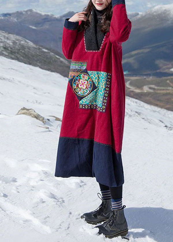 Italian Red Print Patchwork Teddy Faux Fur Fine Cotton Filled Gown Winter