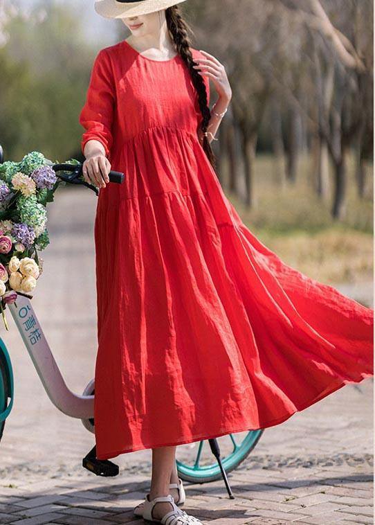 Italian Red Half Sleeve O-neck Summer Linen Dress