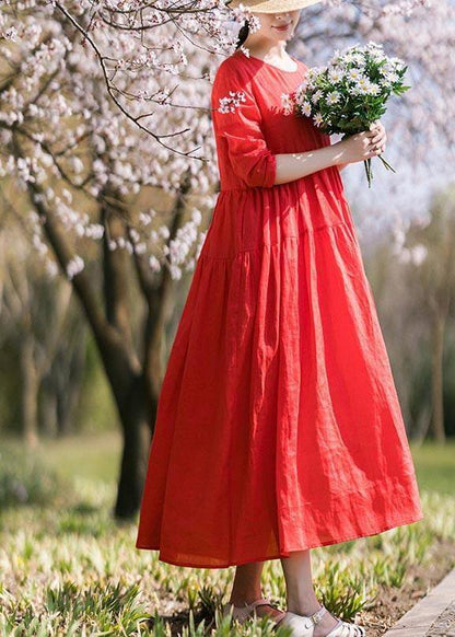 Italian Red Half Sleeve O-neck Summer Linen Dress