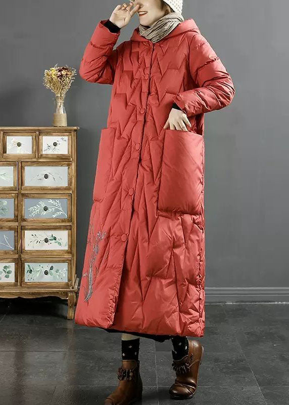 Italian Red Hooded Embroideried Duck Down Down Coats Winter