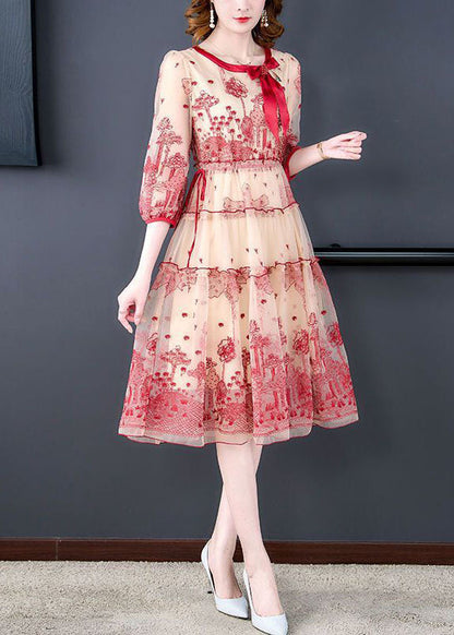 Italian Red O-neck Embroideried Tulle Cinched Dress Half Sleeve