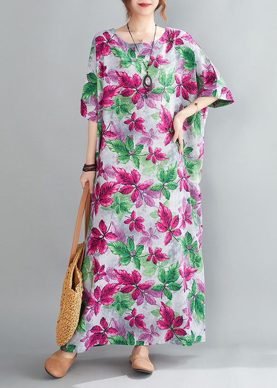 Italian Red O-neck Oversized Print Linen Long Dresses Gown Half Sleeve