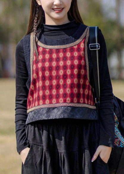 Italian Red O-neck Patchwork Print Cotton Vest Spring