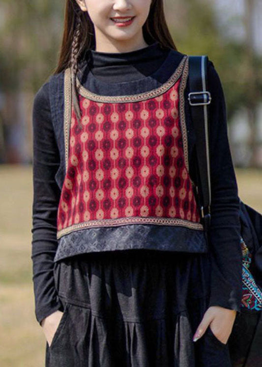 Italian Red O-neck Patchwork Print Cotton Vest Spring