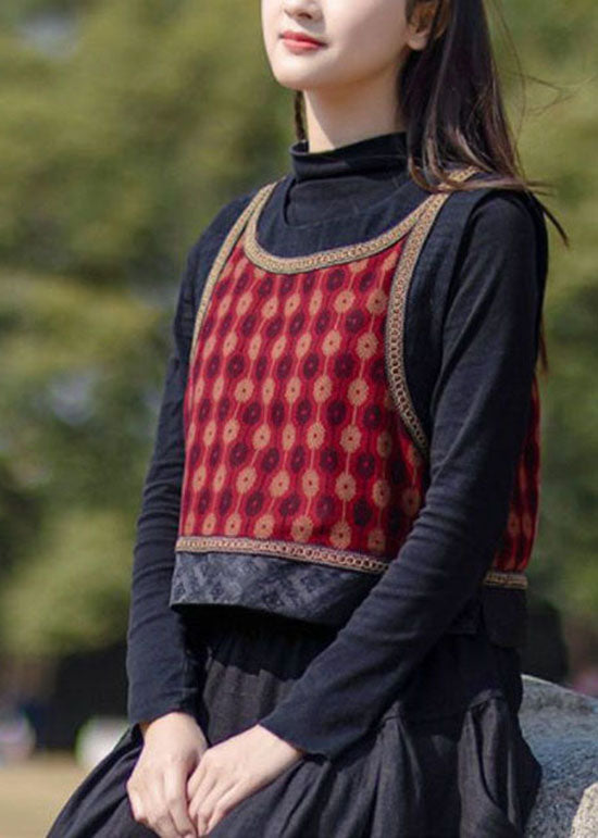 Italian Red O-neck Patchwork Print Cotton Vest Spring