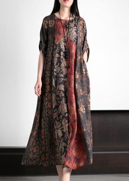 Italian Red O-neck Print Patchwork Silk Long Dress Half Sleeve