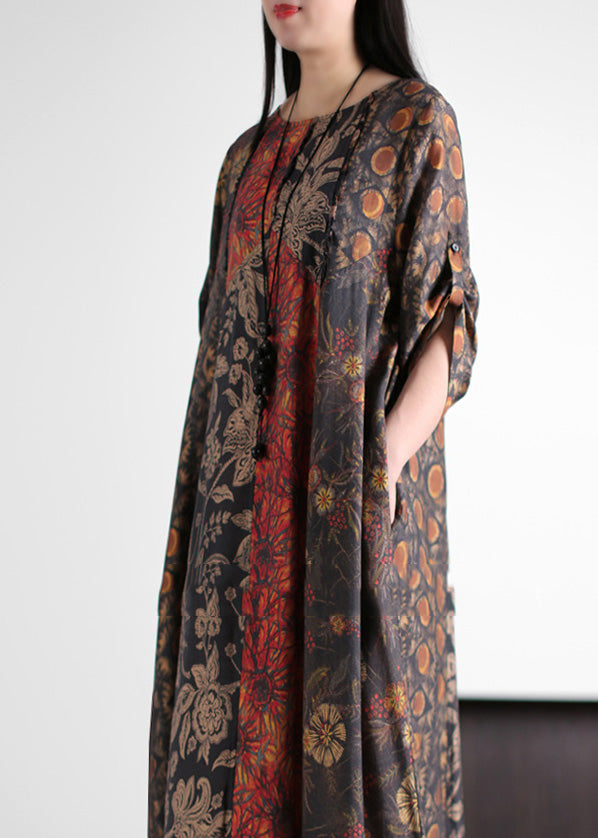 Italian Red O-neck Print Patchwork Silk Long Dress Half Sleeve