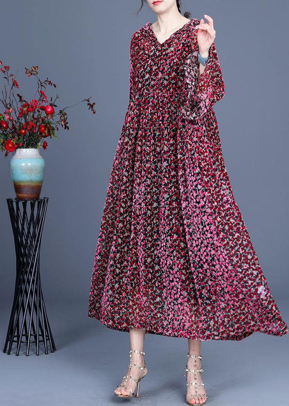 Italian Red Print Flare Sleeve Summer Silk Maxi Dresses
