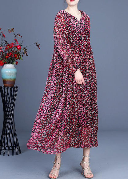 Italian Red Print Flare Sleeve Summer Silk Maxi Dresses