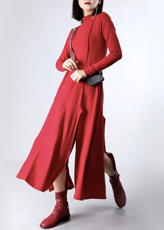 Italian Red Stand Patchwork Asymmetrical Design Fall Dresses Long Sleeve
