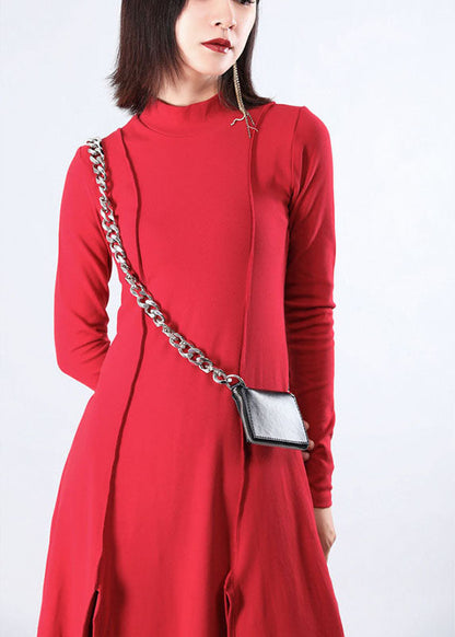 Italian Red Stand Patchwork Asymmetrical Design Fall Dresses Long Sleeve