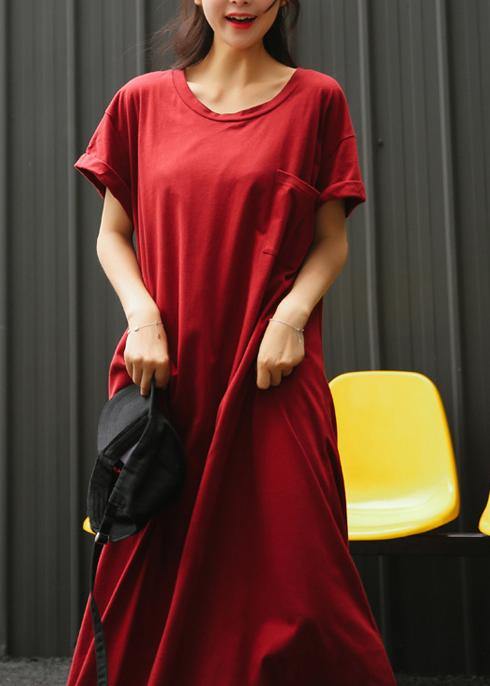 Italian Red Tunic Dress O Neck Large Hem Long Summer Dress
