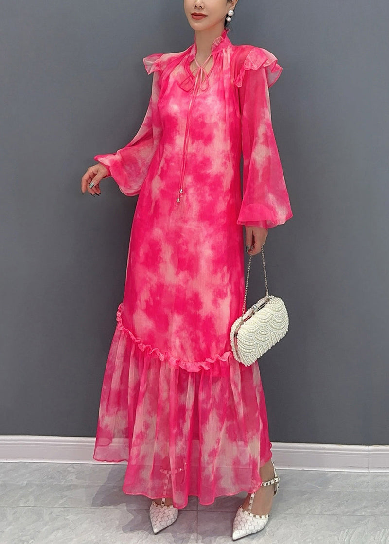 Italian Red V Neck Print Long Dress Lantern Sleeve