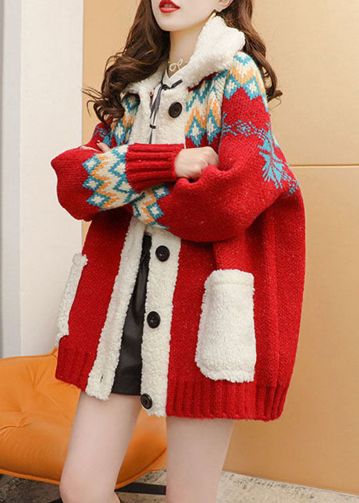 Italian Red Loose Pockets Fall Sweater Coat