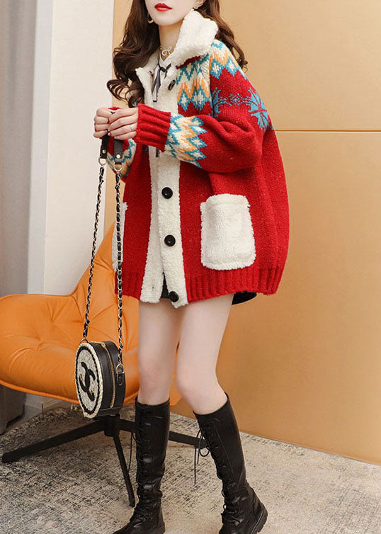 Italian Red Loose Pockets Fall Sweater Coat