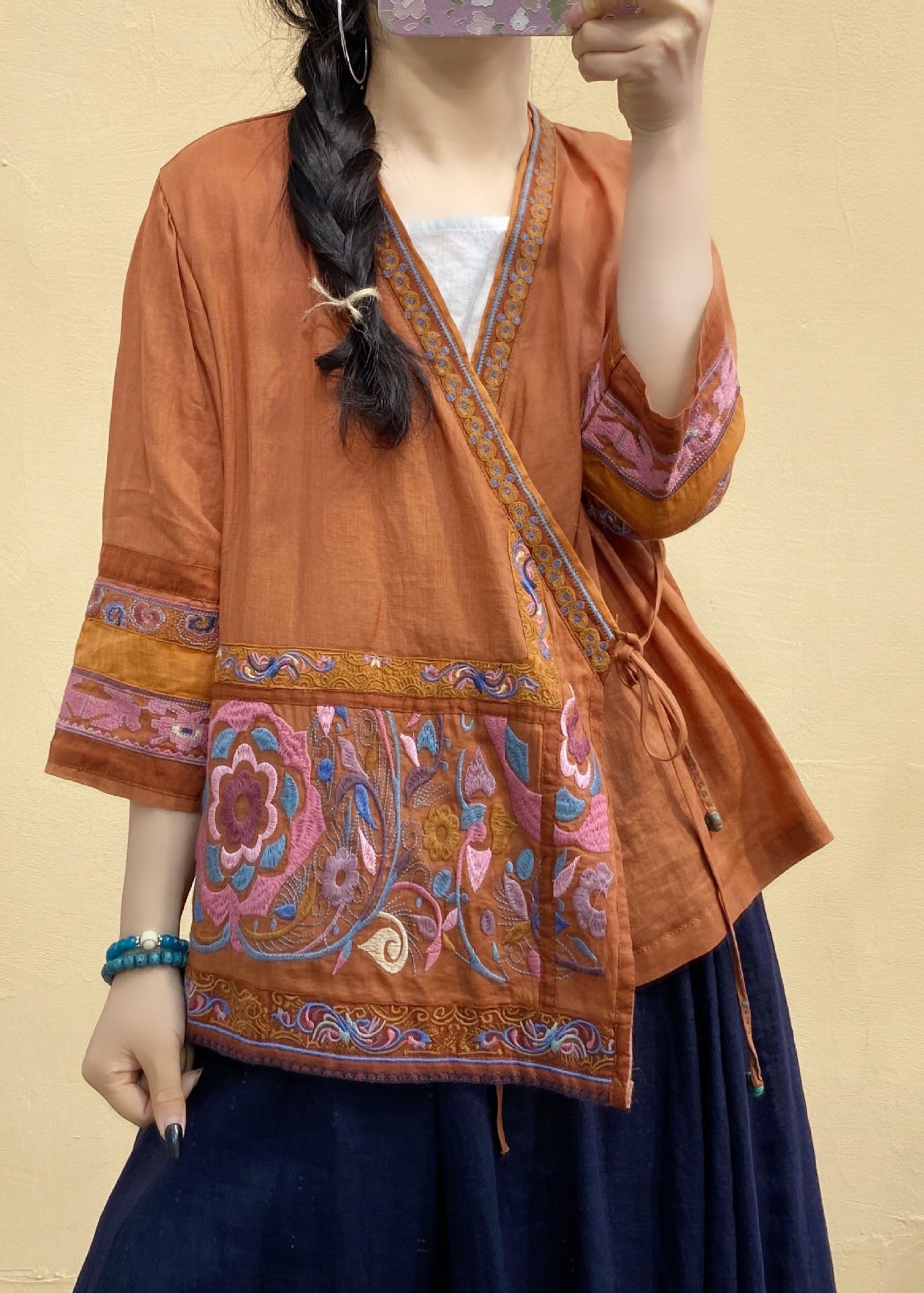 Italian Rose Embroideried Tie Waist Linen Shirts Spring