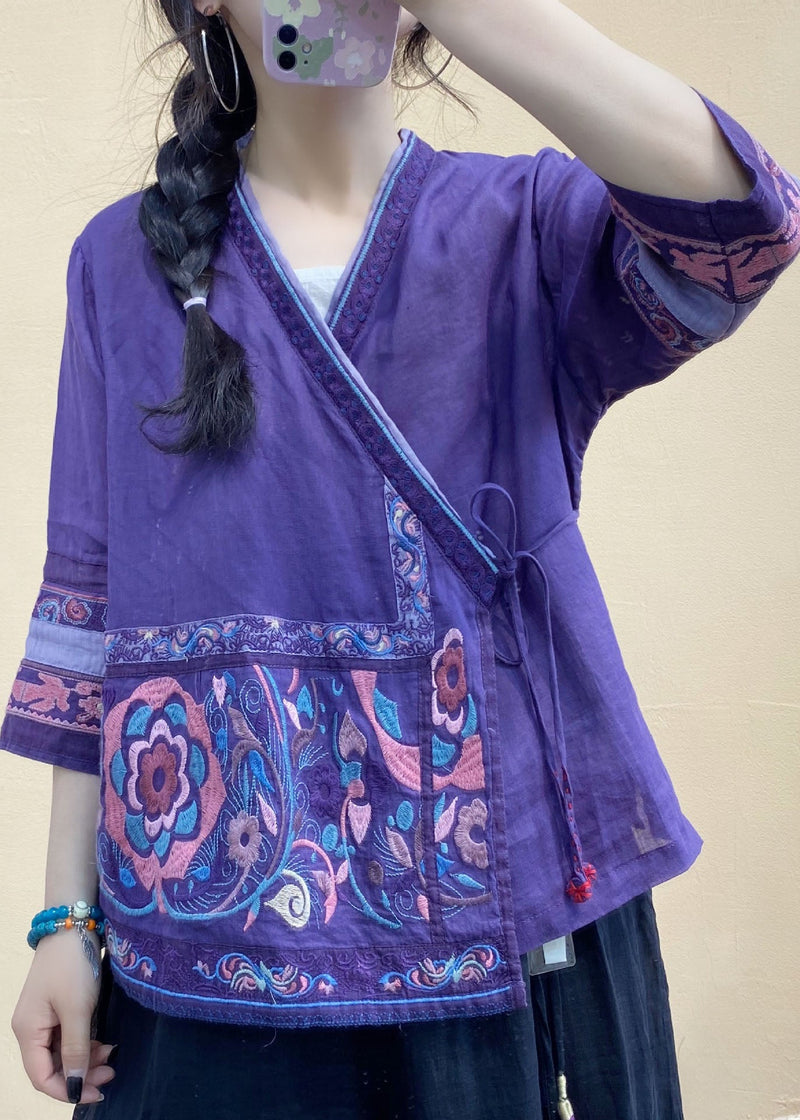 Italian Rose Embroideried Tie Waist Linen Shirts Spring