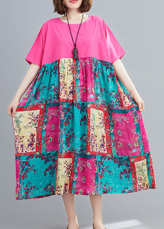 Italian Rose O-neck Patchwork Pocket Vacation Dress Short Sleeve