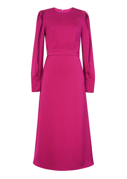 Italian Rose O Neck Slim Fit Silk Dress Lantern Sleeve