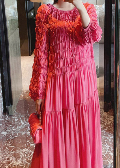Italian Rose O-neck Wrinkled Silk Long Dresspuff Sleeve