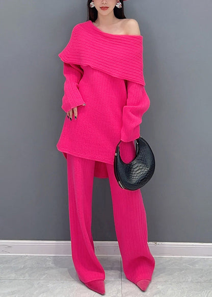 Italian Rose Slash Neck Tops and Pants Knit Two Pieces Set Spring
