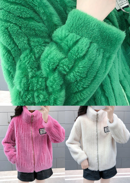Italian Rose Stand Collar Zippered Faux Fur Coats Winter