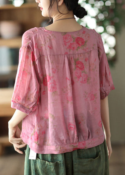 Italian Pink Geometry V Neck Print Button Linen Top Half Sleeve