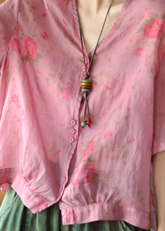 Italian Pink Geometry V Neck Print Button Linen Top Half Sleeve