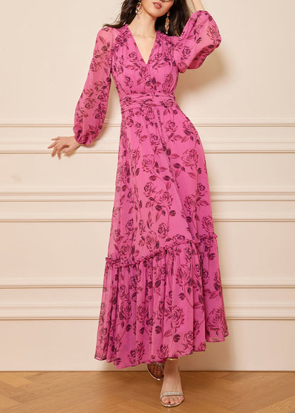 Italian Rose V Neck Ruffled Print Silk Long Dresses Fall