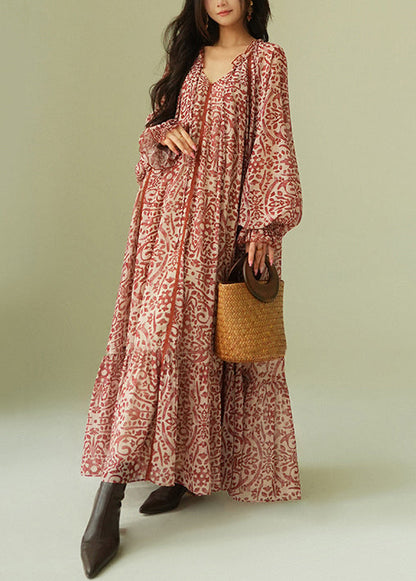 Italian Ruffled Print Lace Up Cotton Long Dress Spring