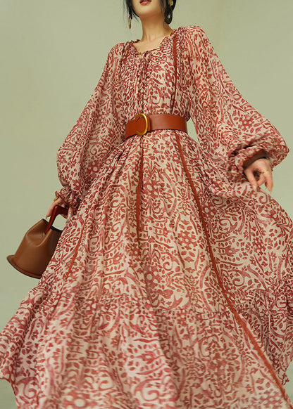 Italian Ruffled Print Lace Up Cotton Long Dress Spring