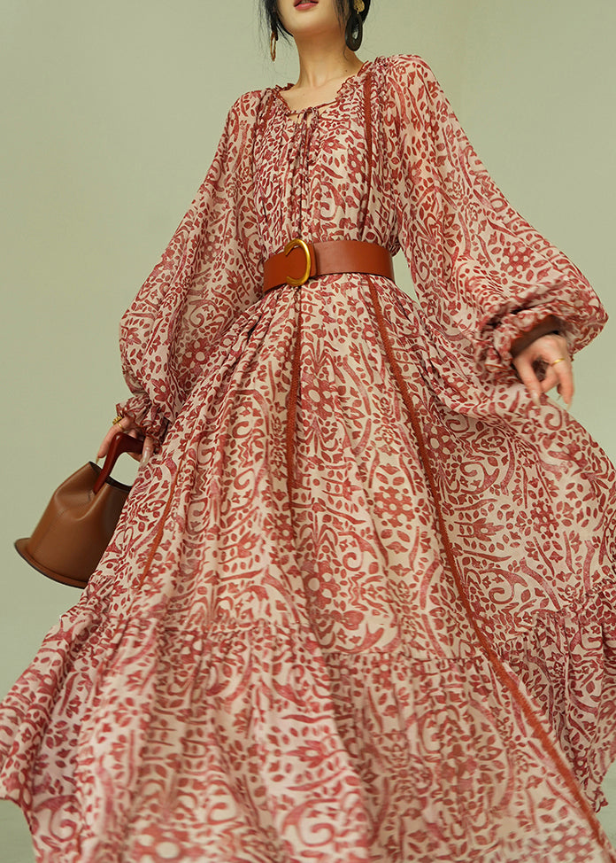 Italian Ruffled Print Lace Up Cotton Long Dress Spring