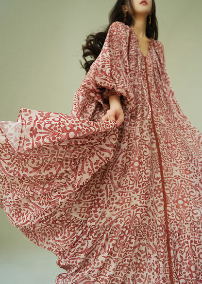 Italian Ruffled Print Lace Up Cotton Long Dress Spring