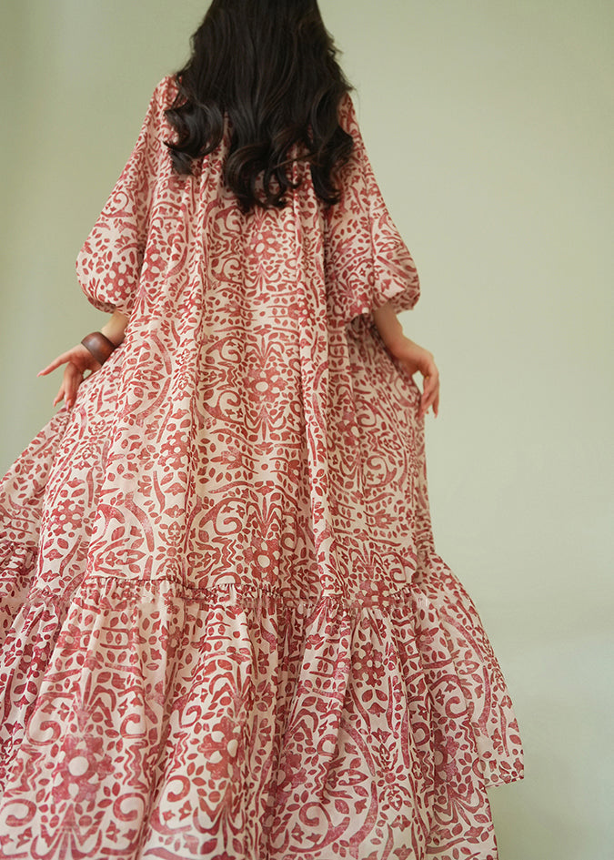 Italian Ruffled Print Lace Up Cotton Long Dress Spring