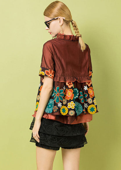 Italian Rust Ruffled Hollow Out Embroideried Patchwork Tulle Tops Summer