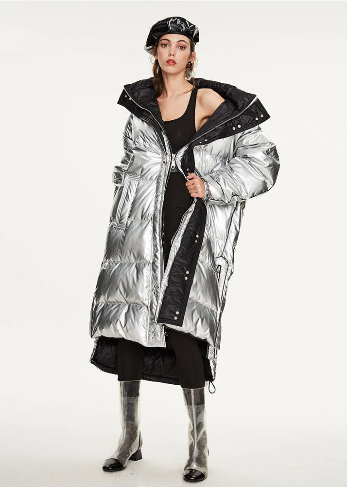 Italian Silvery Oversized Zippered Lengthen Cotton Blend Winter Coats