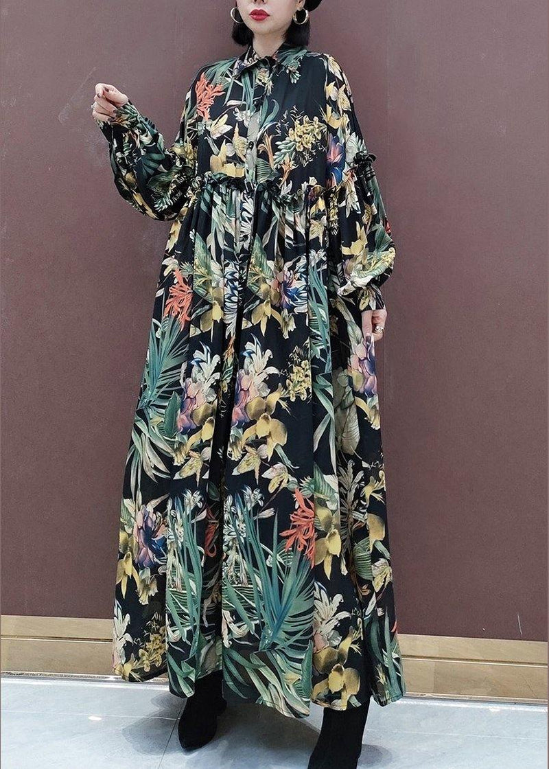 Italian Stand Collar Cinched Spring Dress Runway Green Print Loose Dress