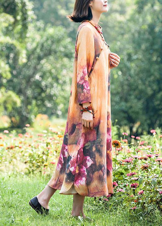 Italian Stand Collar Spring Tunic Dress Neckline Retro Printing Long Dress