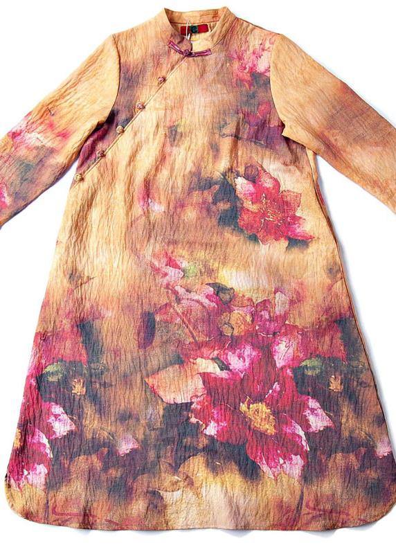 Italian Stand Collar Spring Tunic Dress Neckline Retro Printing Long Dress