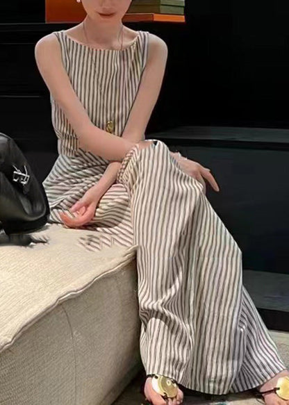 Italian Striped Slash Neck Wrinkled Linen Top and Pants Two Pieces Set Sleeveless
