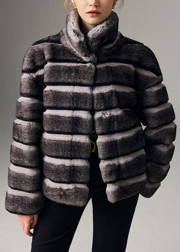Italian Striped Stand Collar Pockets Leather and Fur Coat Winter