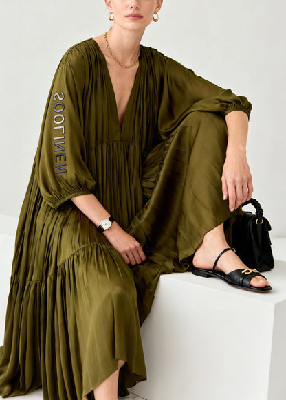 Italian Tea Green Oversized Wrinkled Chiffon Party Dress Summer
