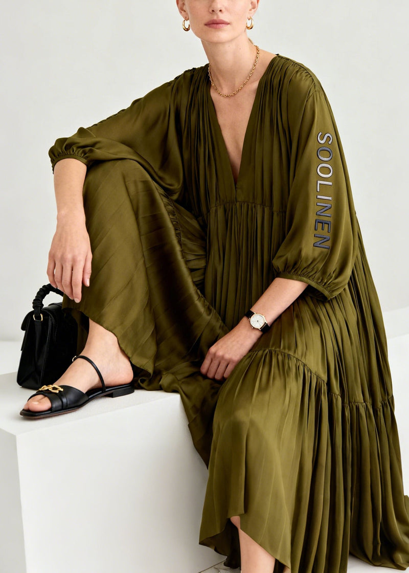 Italian Tea Green Oversized Wrinkled Chiffon Party Dress Summer