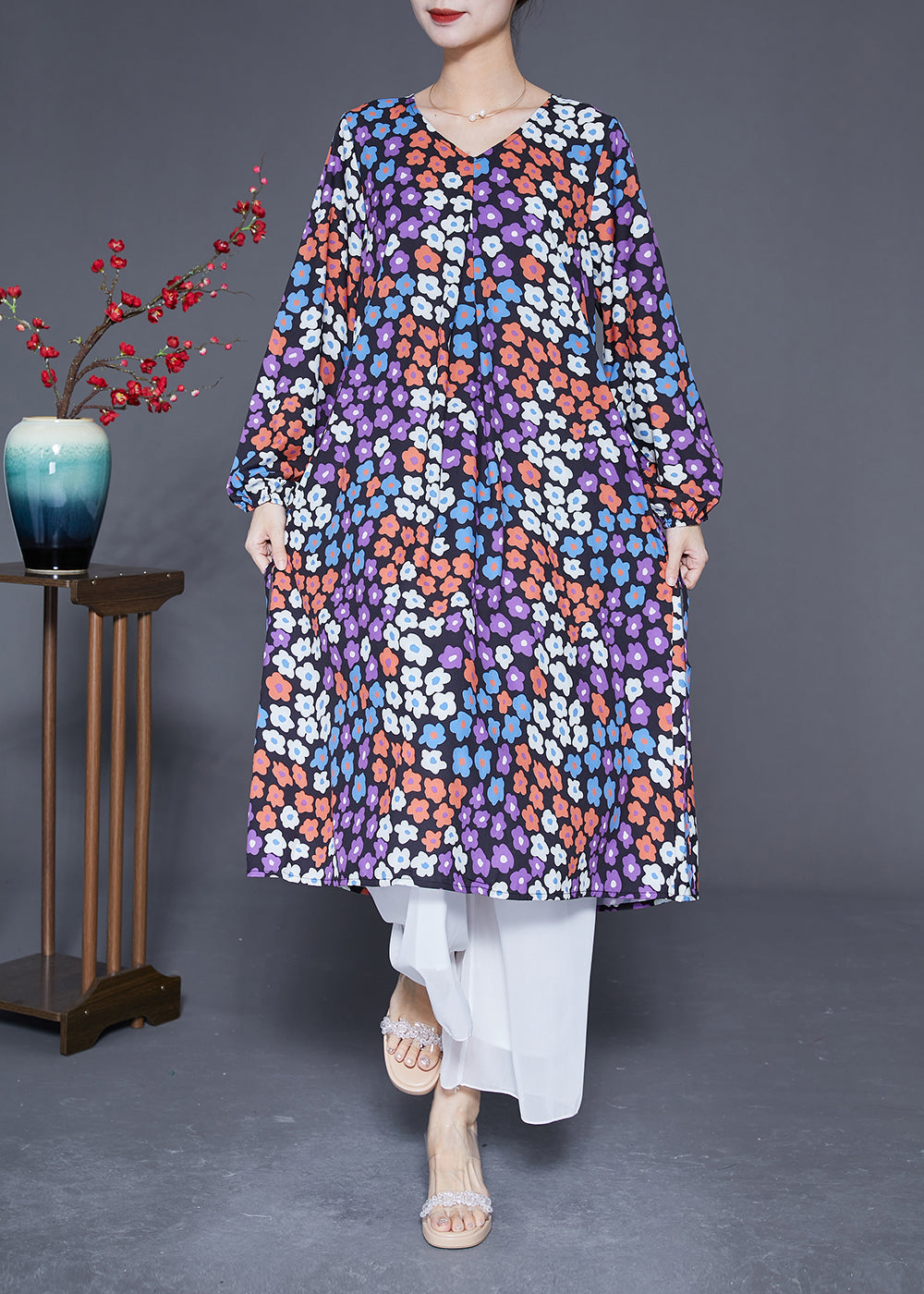Italian V Neck Print Silk Cinched Dresses Long Sleeve