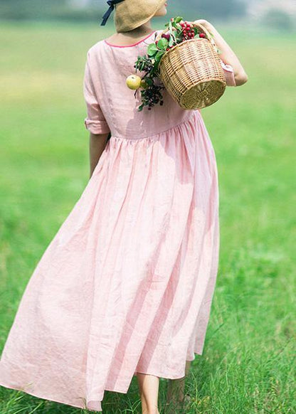 Italian V Neck Half Sleeve Summer Clothes Outfits Pink Vestidos De Lino Dress