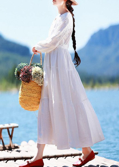 Italian V Neck Patchwork Lace Dress Pattern White Dress